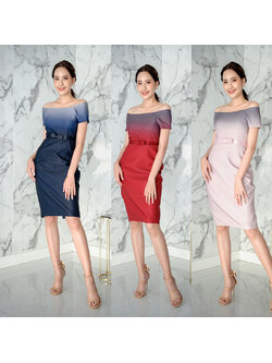 kudapy เดรสสั้นสีแดง สีชมพูนู๊ด และสีน้ำเงินกรมท่า ผ้าไหมอิตาลีไล่สี ทรงเปิดไหล่ แขนสั้น กระโปรงเข้ารูปทรงสอบ มาพร้อมเข็มขัดโบว์