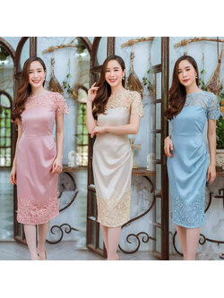 kudapy ชุดเดรสสั้นไปงาน เดรสผ้าไหมเนื้อเงาสีฟ้า/สีชมพูโรสโกลด์/สีครีมทอง ช่วงบนแต่งลูกไม้ เดรสใช้ผ้าซาตินเนื้อเงาอย่างดี งานซับใน ซิบหลัง
