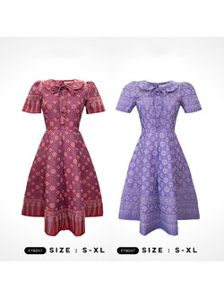 kudapy เดรสสั้น คอปกผูกโบว์ผ้าไทยพิมพ์ลาย
