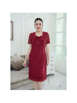 kudapy เดรสสั้นสีแดงเบอกันดี้ ผ้าลุกไม้เนื้อนิ่ม แขนสั้นช่วงอกแต่งเย็บผ้าเป็นโบว์อันใหญ่