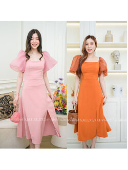 kudapy เดรสสั้นสีชมพู/สีสัม เดรสออกงานแนวมินิมอล เรียบหรูดูแพง รุ่นนี้ใส่เป็นทรงปาดไหล่ปิดต้นแขน หรือแขนพองตุ๊กตาก็น่ารัก