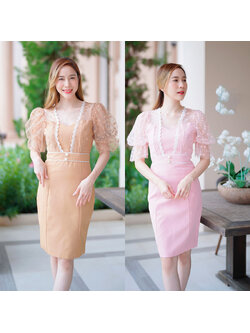 kudapy เดรสสั้นสีน้ำตาล/สีชมพู แขนตุ๊กตาลูกไม้เอวคาดกระดุม