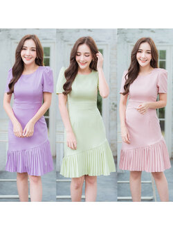 kudapy เดรสสั้นสีเขียว/ม่วง/ชมพู ใส่ทำงานชายพลีท ออกงานสวยดูดีน่ารัก