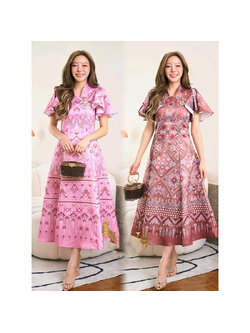 kudapy เดรสยาวสีชมพู/สีน้ำตาล เนื้อผ้าเป็นผ้าไหมญี่ปุ่มเนื้อละเอียดพิมพ์ลายแพรวาสุดพรีเมี่ยม มีซับในทั้งชุด ผ้าไม่บาง มีน้ำหนัก