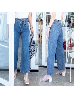 kudapy กางเกงยีนส์ขายาวเอวสูงแต่งกระดุมคู่ ทรงขากระบอกดูวินเทจสุดๆ ผ้าใส่สบายมาก