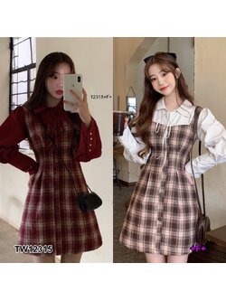 kudapy เดรสสั้นสีดำ/สีน้ำตาล ลายสก็อตกระดุมหน้า แขนพอง ตัวเดรสงานผ้าทอ แต่งแขนสีพื้น