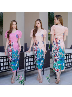 kudapy เดรสยาวสีชมพู/สีครีม ทรงเอคอวีแขนสั้น