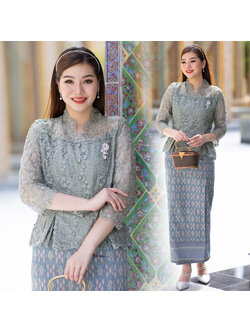 kudapy ชุดเซ็ทเสื้อลูกไม้ เกรดพรีเมี่ยม ชุดออกงาน ไปวัด ทำบุญ - ผ้าถุง ทอเครื่อง มัดหมี่ 3 ตะกอ (เขียวอความารีน)