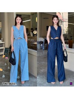 kudapy Set 2 ชิ้น เสื้อครอปคอวี + กางเกงขายาว เซต ยีนส 2ชิ้นใส่เที่ยวทะเล ออร่ามาแต่ไก SUMMER นี้ ห้ามพลาดค่ะ