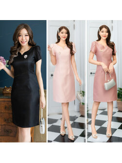 kudapy เดรสสั้นสีพิ้งโกล์ด/สีชมพูกะปิ/สดำ ผ้าไหมญี่ปุ่นอัดกาว คอหัวใจ ทรงแขนทิวลิป ตัวชุดมีซับในให้อย่างดีมาพร้อมซิปซ่อนหลังผ่าหลังเล็กน้อย