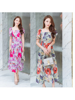 kudapy เดรสสั้นสีเขียว/สีม่วง คอเหลี่ยมแขนตุ๊กตาสวยดูดีใส่สบาย