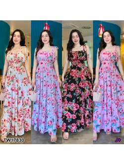 kudapy Maxi dress ลายดอกกุหลาบ เดรสยาวผูกไหล่ แต่งย่นช่วงหน้าอก ด้านหลังสม๊อค