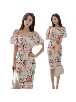 kudapy เซ็ต2ชิ้น เสื้อ+กระโปรงสองชิ้นสีครีมลายดอก สไตล์หวานๆพิมพ์ลายดอก เปิดไหล่ ระบายรอบไหล่ ผ้าโพลีเอสเตอร์ ทรงดินสอเอวดินสอเอวสูง