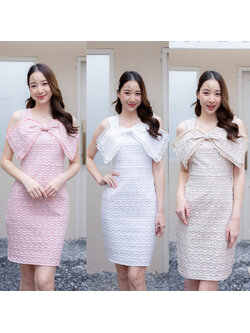 kudapy เดรสสั้นสีขาว/สีชมพู/สีครีม ออกงานโบว์ใหญ่ แขนกุด แต่งโบว์ด้านสวยดุดีน่ารัก ใส่เที่ยวสวยมากๆ