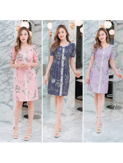 kudapy เดรสสั้นสีชมพู/สีม่วง/สีกรม คอวีแขนตุ๊กตาลายดอกไม้