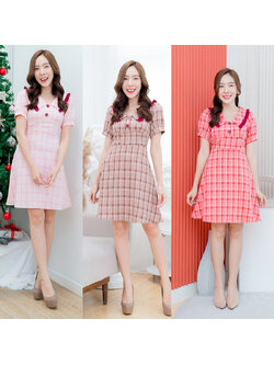 kudapy เดรสสั้นสีน้ำตาล/สีชมพู/สีแดง คอวีปกระบายลายสก๊อต ใส่ดูดีน่ารักมากๆ