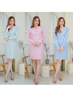 kudapy เดรสสั้นคอวีสีฟ้า/สีชมพู/สีเขียว ใส่ทำงานลายดอกแขนยาวมีกระดุมกลางอกใส่สบายสวยดูดี