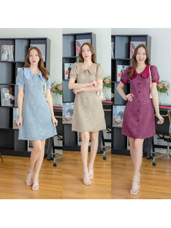 kudapy เดรสสั้นสีน้ำตาล/สีฟ้า/สีม่วง คอบัวผ้าทวิตแต่งกระดุม ใส่สบายสวยดูดี