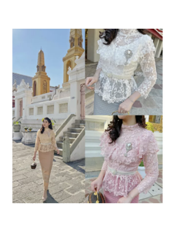 kudapy เสื้อลูกไม้ใยบวบปักเลื่อมสีชมพู สีขาว สีทอง งานเกรดคุณภาพ สวมใส่แมทออกงาน ทำบุญงานพิธีต่างๆ **เฉพาะเสื้อ**