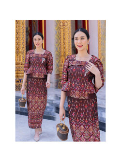 kudapy ชุดเซ็ทเสื้อผ้าไหม ผ้าถุง ชุดออกงาน ชุดไปวัด ชุดทำบุญ - ผ้าไหมทอ ลายแพรวากาฬสินธุ์ เซทแม่ดอกบัวบาน