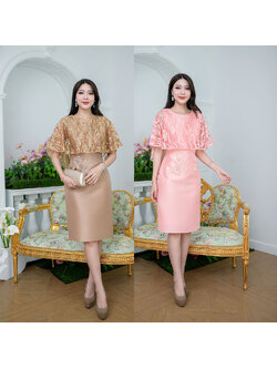 kudapy เดรสสั้นสีน้ำตาลทอง/สีโอรส ผ้าไหมงานดีไซน์คลุมไหล่ด้วยผ้าลูกไม้ปักลายแต่งเลื่อม