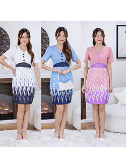 kudapy เดรสสั้นสีชมพู/สีฟ้า/สีขาว คอวีกระโปรงลายไทย ชุดทำงาน