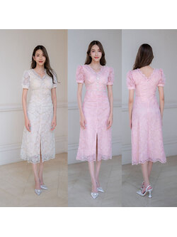 kudapy เดรสยาวสีขาว/สีชมพู เข้าทรงช่วงลำตัว ดีเทลผ้าปักลายลูกไม้ มีซับใน งานซิปหลัง