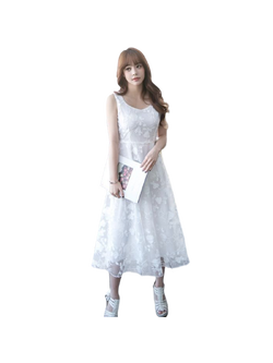 kudapy เดรสยาวคลุมเข่าแขนกุด เดรสสีขาว คอกลม ปักลูกไม้ 3 D มีซิปซ่อนด้านหลัง มีซับใน ใส่ออกงานได้ ใส่เที่ยวก็ได้ค่ะ