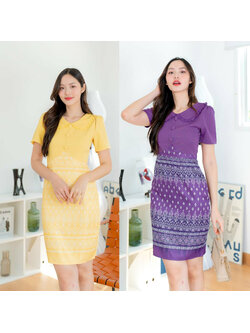 kudapy เดรสสั้นสีม่วง/สีเหลือง ลายไทยคอบัวกั๊กพื้น