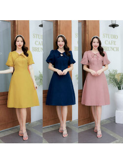 kudapy เดรสสั้นสีเหลือง/สีชมพู/สีกรม แขนตุ๊กตาผูกโบว์กระโปรงบาน ใส่สบายสวยดูดี