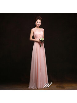 kudapy เดรสยาวสีชมพู ชุดราตรีแบบแขนกุด ผ้าชีฟอง แต่งผ้าลูกไม้ & โบว์ช่วงเอว สวยหวาน (เชือกผูกหลัง)