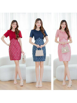 kudapy เดรสสั้นสีกรม/สีชมพู/สีแดง ลายไทยคอปกแต่งกระดุม