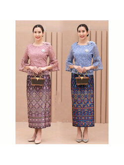 kudapy เซทเสื้อลูกไม้ใยบวบทรงแขนระบายดอกลอยเกรดพรีเมี่ยม + ผ้าถุงไหมแพรวากาฬสินธุ์