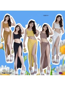 kudapy Set 2 ชิ้น เสื้อครอปแขนกุด ผ้าร่อง + กระโปรงยาวแต่งผ่าแหวกสูง ใส่เที่ยวทะเล