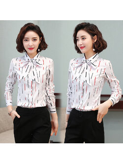 kudapy เสื้อเชิ้ตทำงานสีขาวพิมพ์ลาย ผูกโบว์ที่คอ แขนยาว
