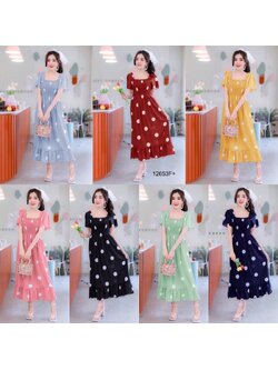kudapy เดรสยาวสีกรมท่า ดำ ฟ้า เขียว เหลือง แดง คอเหลี่ยมแขนระบาย ผ้าไหมอิตาลี่ลายจุดใหญ่ อกแต่งสม็อค ชายเดรสแต่งระบาย