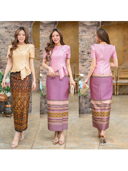 kudapy เสื้อผ้าไหมทอสี่เส้นสีทอง // ชมพู งานเสื้ออัดกาวมีซับใน มาพร้อมชิปซ่อนหลังใส่สบาย งานคอปาด แขนสั้น ชายจับจีบ (เฉพาะเสื้อ)