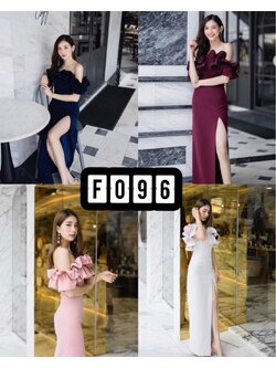 kudapy ขุดราตรียาวเปิดไหล่เย็บแต่งระบายรอบอก สีชมพู,เทา,โอวัลติน ผ้าฮานาโกะ กป ยาวผ่าหน้า