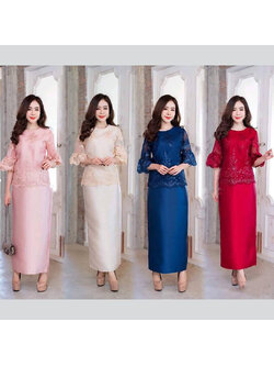 kudapy ชุดเซตไปงาน สีแดง/สีครีมทอง/สึน้ำเงินกรมท่า/สีชมพูนู้ด/สีชมพูเข้ม เซตเสื้อลูกไม้คอวีแขนกระดิ่ง+กระโปรงผ้าไหมอิตาลีทรงเอ ลูกไม้ปักเลื่อม มีซับใน ซิบหลัง