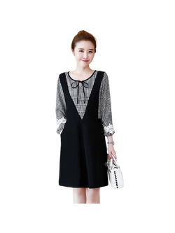 kudapy เดรสสั้นลายสก้อตสีขาวดำ คอกลมผูกโบว์ แขนยาวแต่งลูกไม้ เดรสทรงเอี้ยมใส่เที่ยวชิวๆมากน้าา