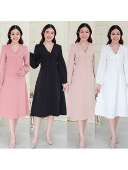 kudapy เดรสสั้นแขนยาวคอวี สีขาว, สีดำ, สีชมพูนู้ด ,สีชมพูเข้ม แต่งกระดุมหน้าเพิ่มดีเทล ชายปล่อย ทรงบาน งานสวยมาก