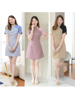 kudapy เดรสแขนสั้นสีฟ้า/สีม่วง/สีเทาฟ้า คอจีน ดีไซน์ตัดต่อไหล่ซ้ายเล่นสีตัดกับชุด แพทเทิร์นจับเกล็ดเข้ารูป