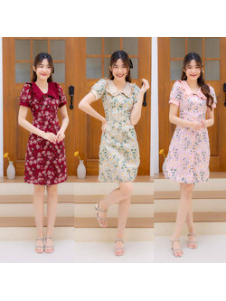 kudapy เดรสสั้นสีแดง/สีชมพู/สีครีม ผ้าเดซี่คอบัวปักดอก