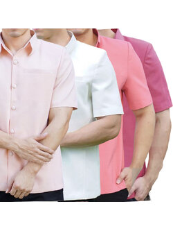 kudapy เสื้อผ้าไหมคอปก สีชมพูอ่อน,สีชมพูโอรส,ชมพูเข้ม,สีขาวออฟไวท์ เสื้อผ้าไทยผู้ชาย คอพระราชทาน ผ่าหน้า แขนสั้น มีกระเป๋าด้านซ้ายบน (อัดผ้ากาว มีฟองน้ำเสริมไหล่)