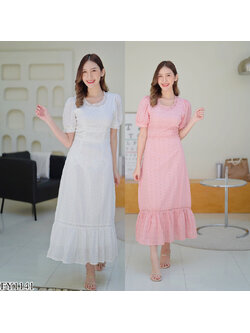 kudapy เดรสยาวสีขาว/สีชมพู เดรสออกงานผ้าฉลุแขนตุ๊กตา ใส่สบายสวยดูดีมากๆ