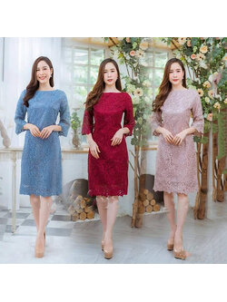 kudapy ชุดเดรสคอป้าน แขนยาวสามส่วนสีแดง/ชมพู/ฟ้าคราม เดรสปักเลื่อมกากเพชร ทรงเอเข้ารุป งานซับใน ซิบหลัง