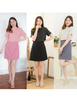 kudapy เดรสสั้นสีดำ/สีเทาเข้ม/สีชมพู สีกรมท่า ทรงเอ ซิปหลังใส่ง่าย ตัวเสื้อผ้าชาแนล คอจีนติดกระดุมปั๊มสามารถแกะได้จริง