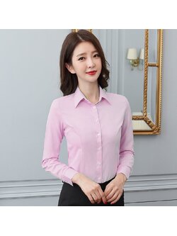 kudapy เสื้อเชิ้ตทำงานสีชมพู คอปก แขนยาว