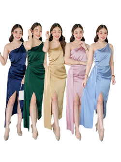 kudapy เดรสยาวสีเขียวเข้ม,นำ้ตาลทอง,ฟ้าคราม,ชมพูกลีบบัว,กรมท่า ไหล่เดี่ยว กระโปรงทรงทิวลิป แต่งชายผ้า