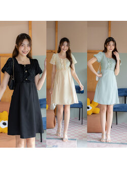 kudapy เดรสสั้นสีเขียว/สีครีม/สีดำ แต่งระบายที่อก+กระดุม 3 ชิ้น